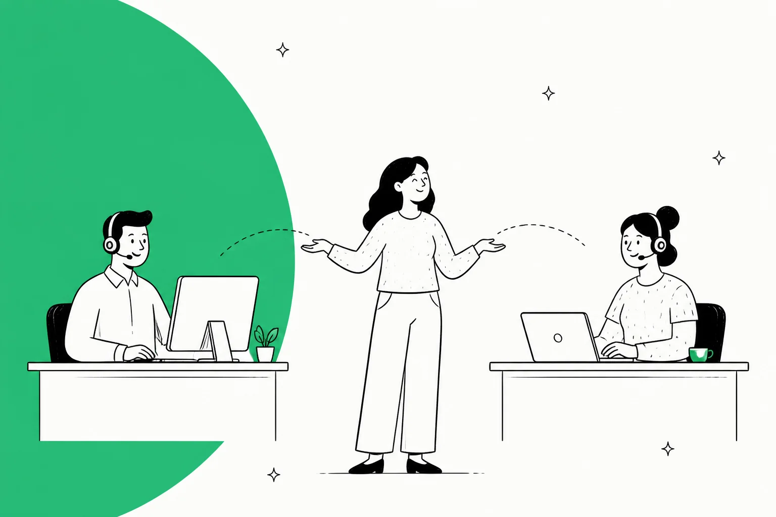 Two support agents at their desks with a person between them, illustrating a Freshdesk vs Salesforce comparison
