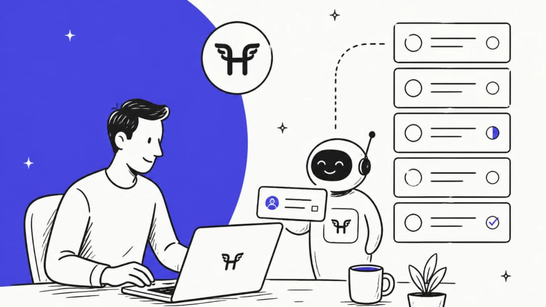 Hand-drawn illustration of a person at a laptop with a friendly Hermes Agent robot holding a support ticket next to a queue of tickets