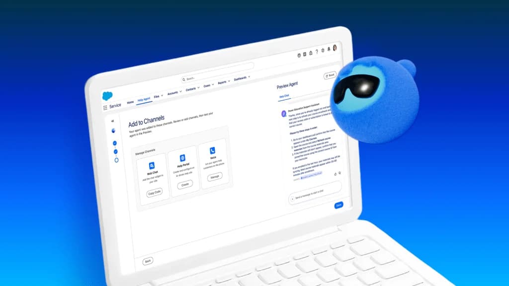 Salesforce Service console showing the Agentforce Help Agent setup, adding the agent to web chat, help portal, and voice channels, as taken from Salesforce