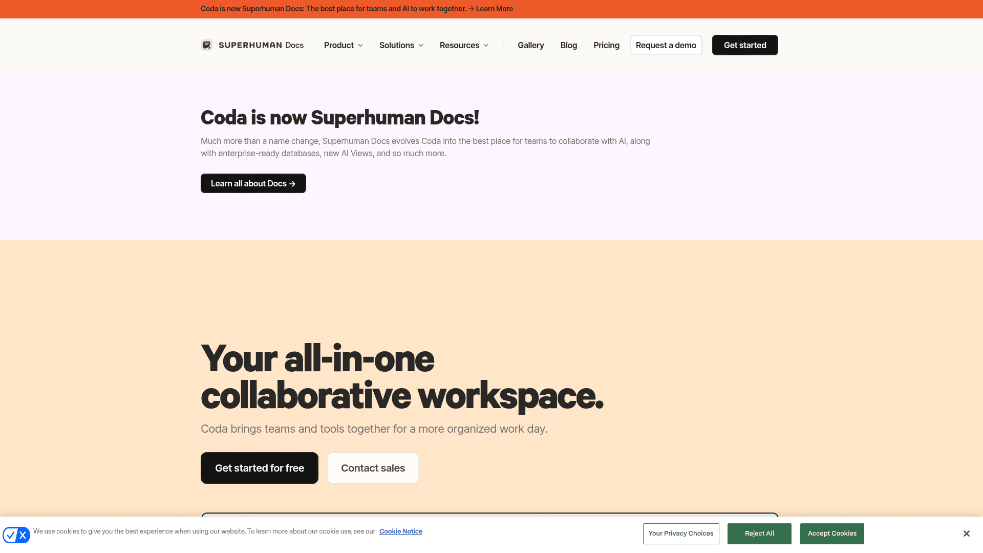 The coda.io homepage with a banner announcing Coda is now Superhuman Docs, as taken from coda.io