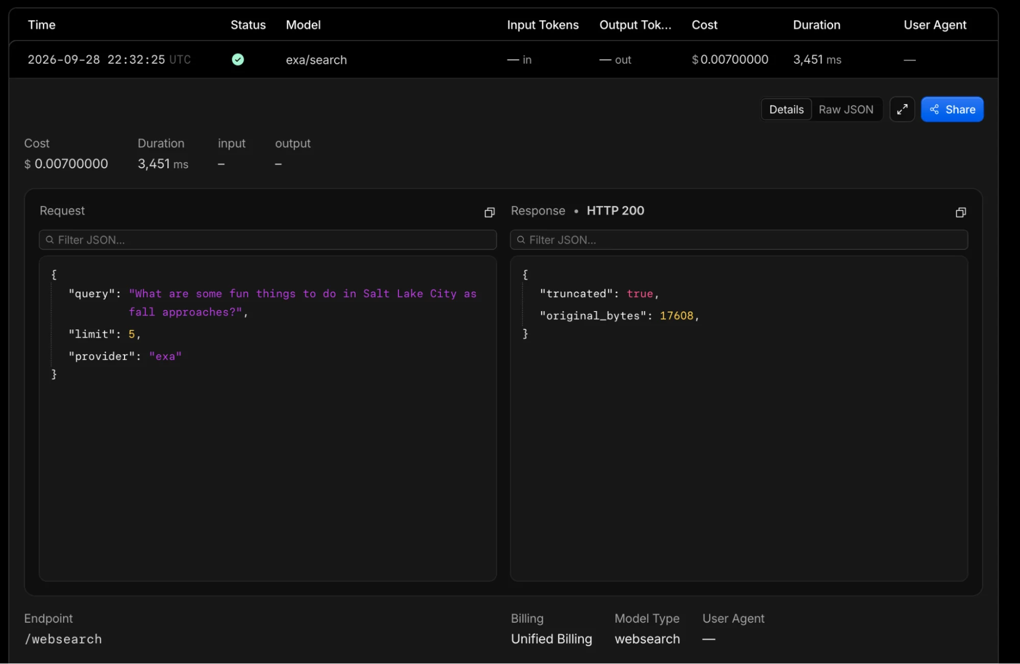 AI Gateway log entry for an exa/search request costing $0.00700000 with a duration of 3,451 ms, billed through Unified Billing to the /websearch endpoint, as taken from Cloudflare's blog
