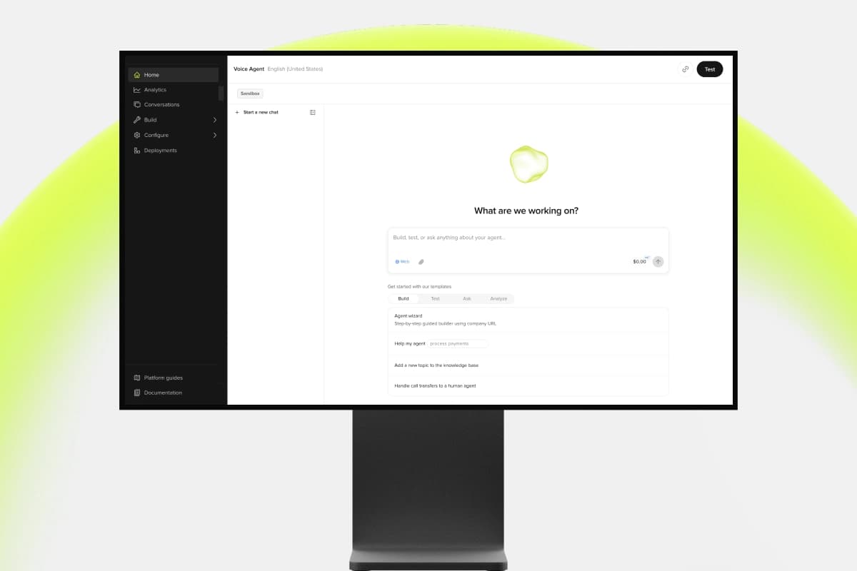 The PolyAI Agent Studio home screen showing a voice agent workspace with a test button, sandbox chat and templates for building, testing and analysing, as taken from PolyAI