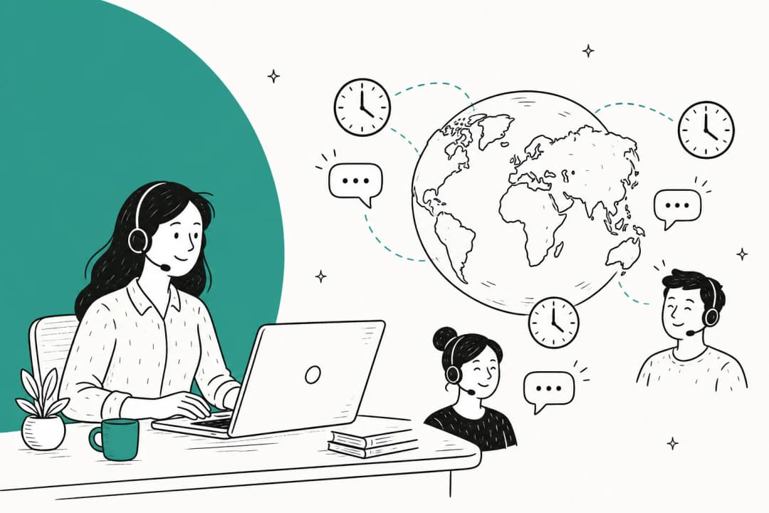 Hand-drawn illustration of a support agent at a laptop, with a globe, clocks for different time zones and chat bubbles passing between offshore teammates