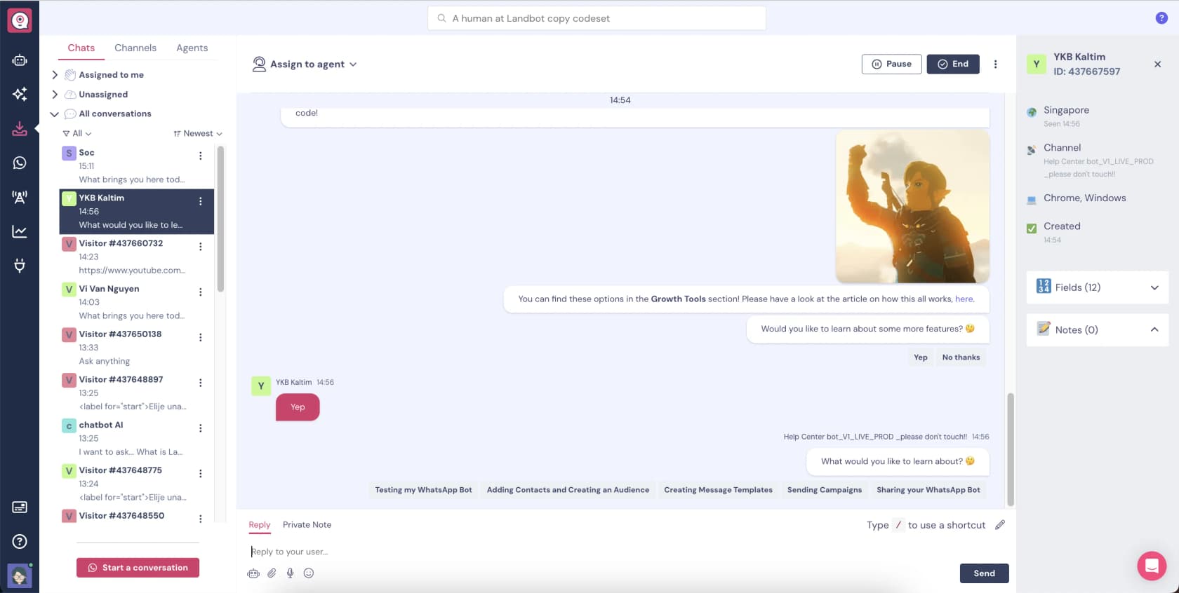 Landbot inbox with assigned and unassigned chat views, status filters and a conversation panel, as taken from the Landbot help center