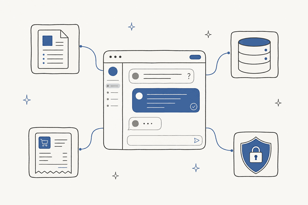 Illustration of an enterprise AI chatbot resolving a customer question by pulling from connected knowledge sources and a security badge