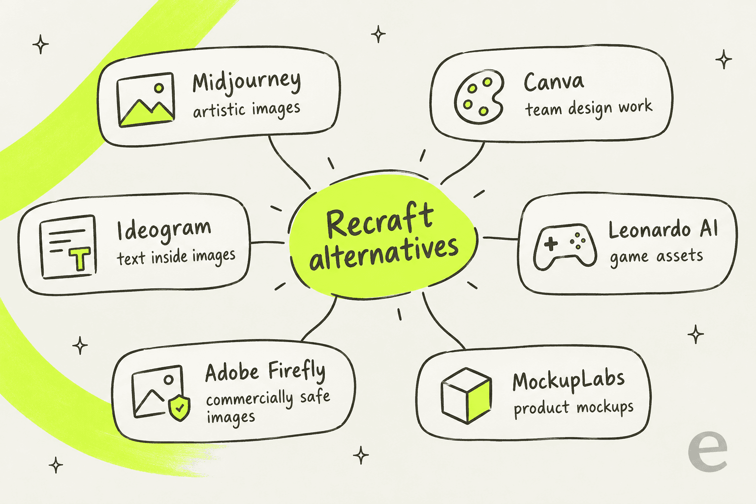 Map of the six Recraft AI alternatives and what each is best for, drawn by eesel