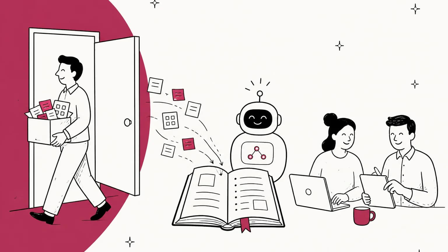 Hand-drawn illustration of a departing support agent carrying a box of notes out a door while the notes flow into an open knowledge base book and a friendly AI helper beside two teammates at their laptops