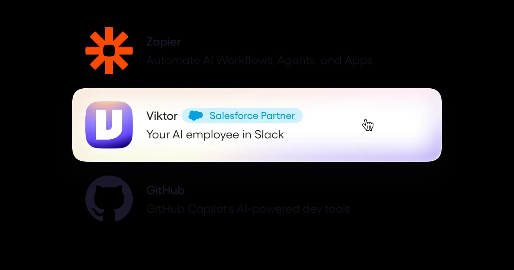 Viktor listed in the Slack app directory as "Your AI employee in Slack," a Salesforce Partner, alongside Zapier and GitHub, as taken from Viktor