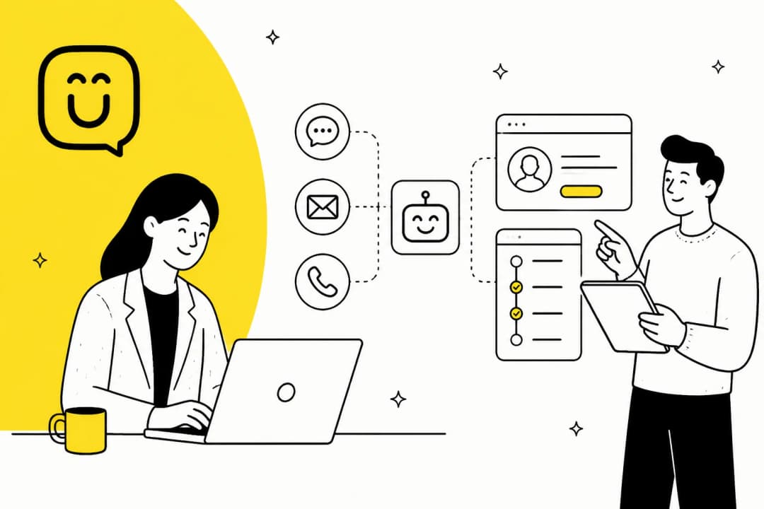 Illustration of a support agent and a colleague reviewing an AI assistant handling chat, email, and voice conversations