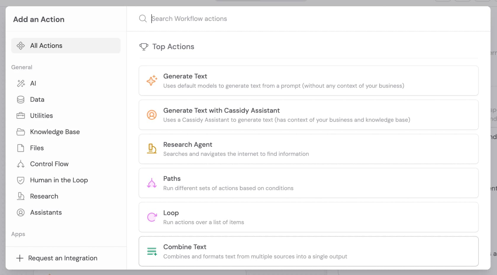 Cassidy's Add an Action panel listing Generate Text, Generate Text with Cassidy Assistant, Research Agent, Paths, Loop and Combine Text, with a left rail of AI, Data, Knowledge Base, Control Flow and Human in the Loop categories, as taken from Cassidy's docs