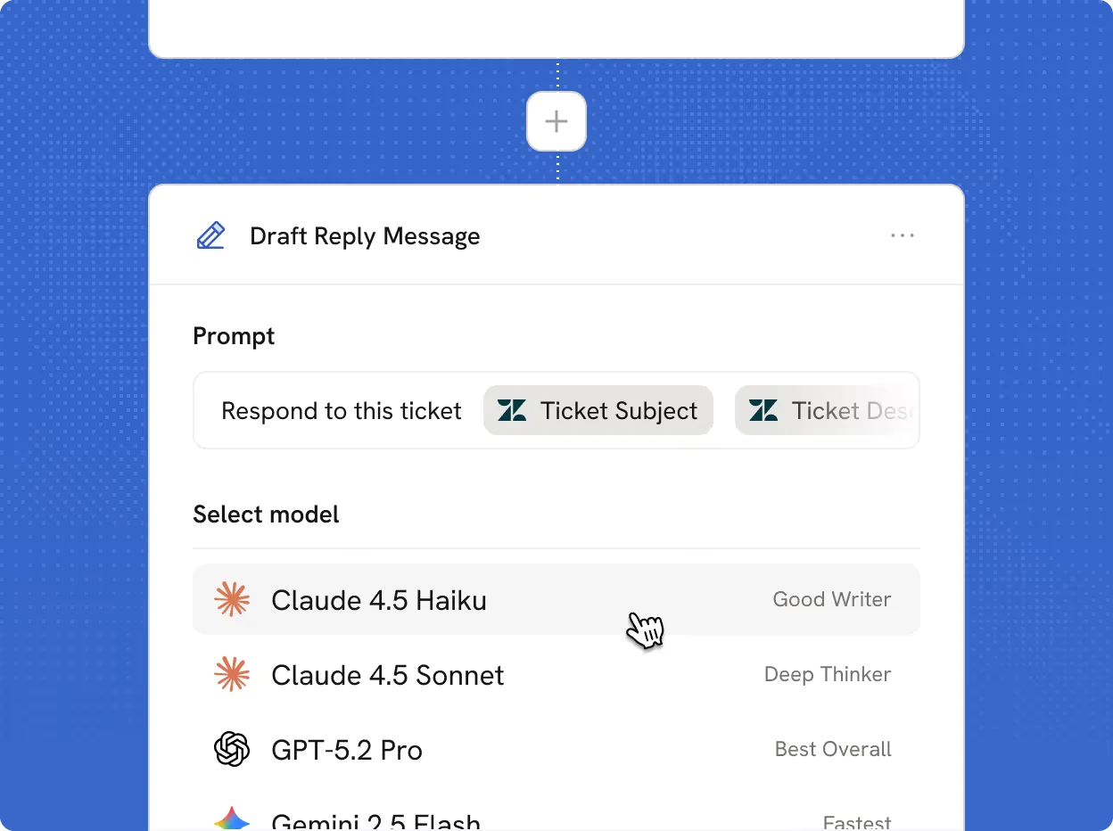 Cassidy workflow step drafting a reply to a ticket, with a model picker showing Claude 4.5 Haiku labelled Good Writer, as taken from Cassidy
