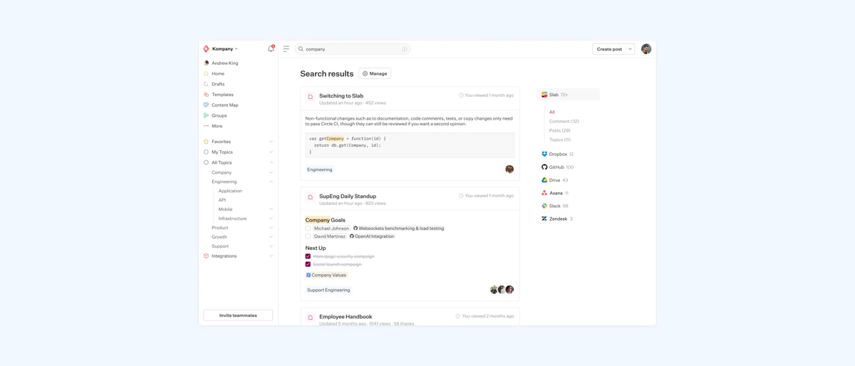 Slab search results with a topic tree in the left rail and a unified-search panel counting matches in Dropbox, GitHub, Drive, Asana, Slack and Zendesk, as taken from Slab