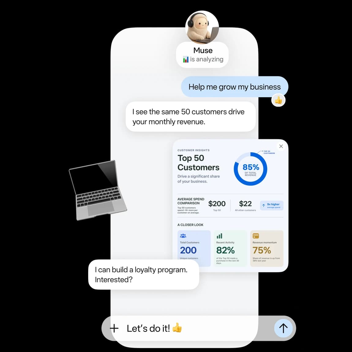 Muse chat where a user asks it to grow the business and Muse shows a top 50 customers insight card, 85% of revenue, and offers to build a loyalty program, as taken from muse.ai