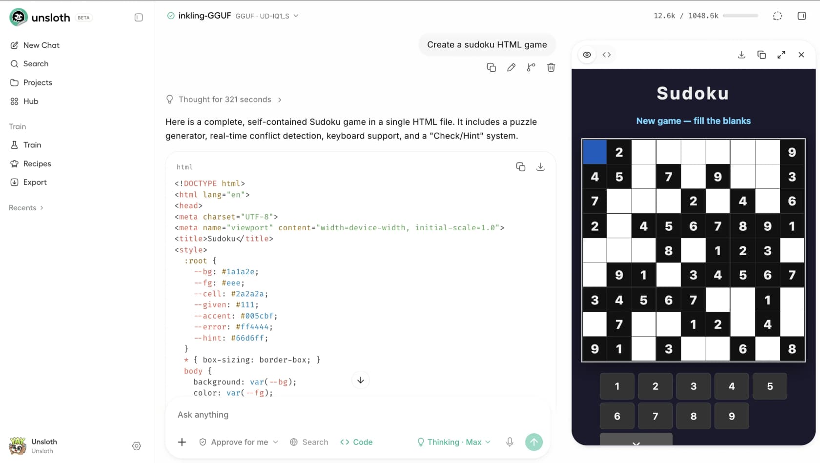 A 1-bit GGUF build of Inkling running locally in Unsloth's studio, writing a self-contained Sudoku HTML game after thinking for 321 seconds, with a 12.6k / 1,048.6k token context meter, as shown on the Hugging Face launch blog