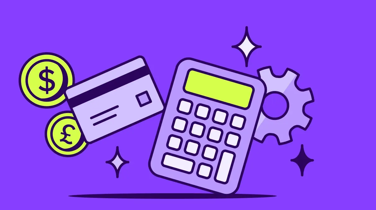Illustration of a calculator, credit card, and coins representing WooCommerce cost, as taken from WooCommerce