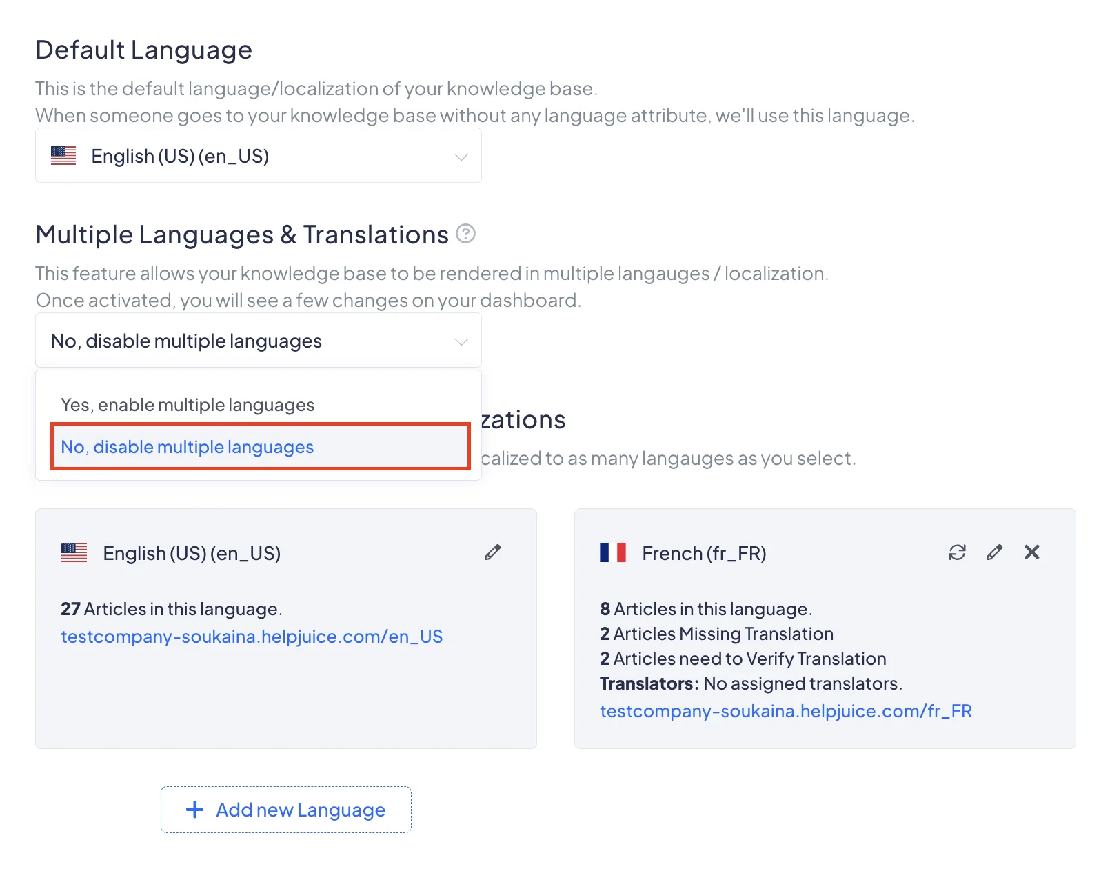 Helpjuice language settings showing 27 English articles, 8 French, 2 missing translation and 2 needing verification, as taken from Helpjuice