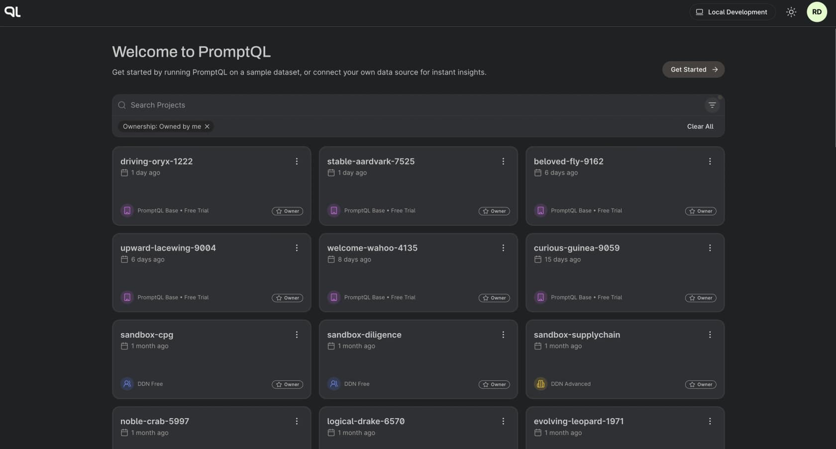 The PromptQL Cloud Console showing projects on the free trial, as taken from PromptQL