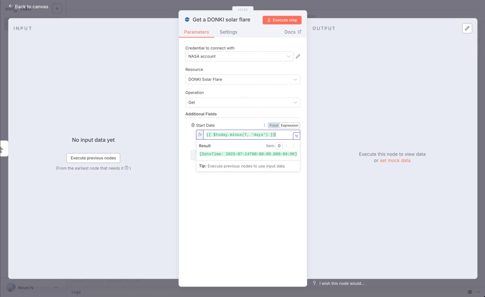 An n8n node parameter panel with a credential selector, resource and operation dropdowns, and a live expression preview, as taken from n8n docs