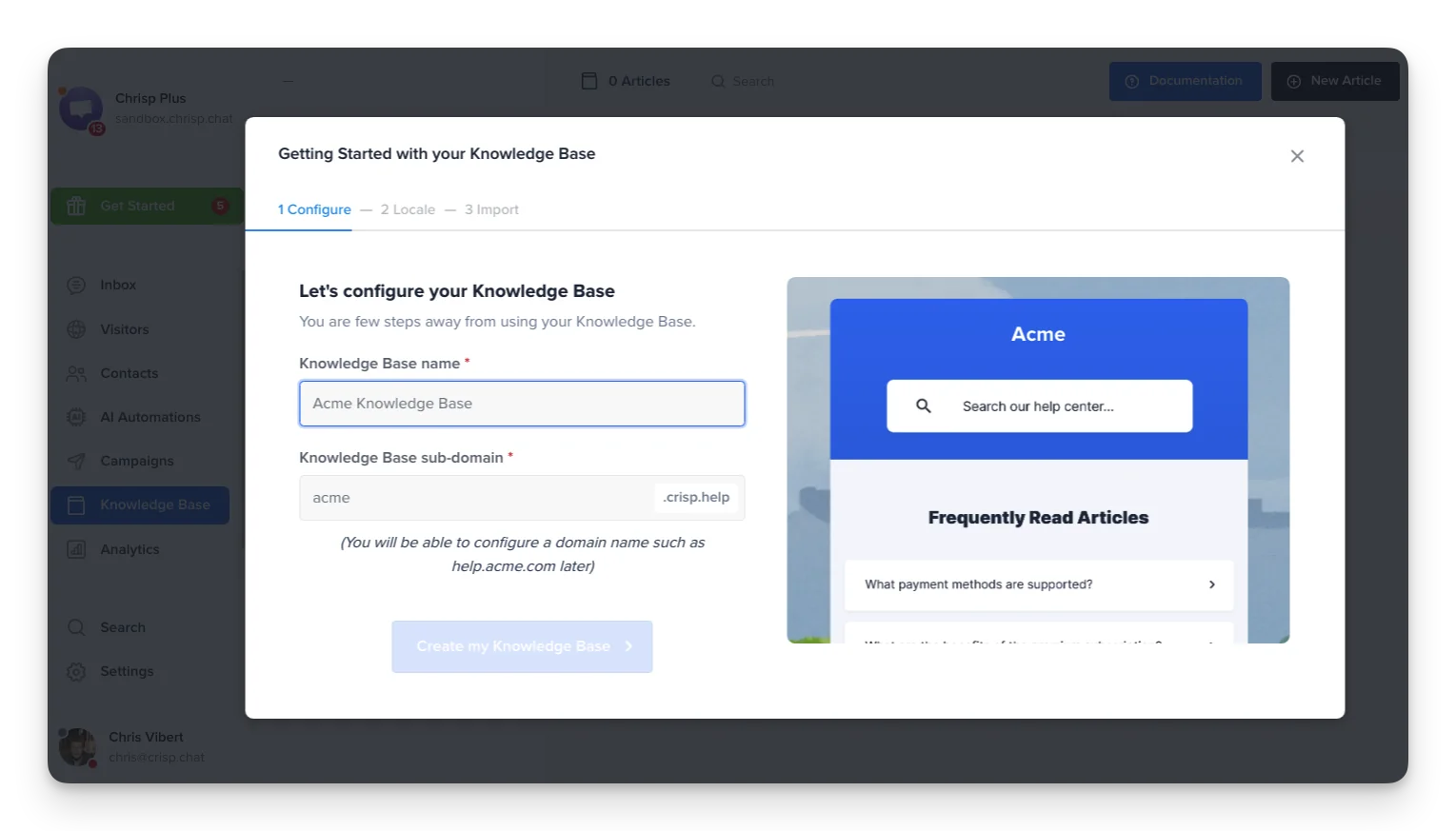 Crisp Knowledge Base setup wizard asking for a name and a subdomain, as taken from Crisp