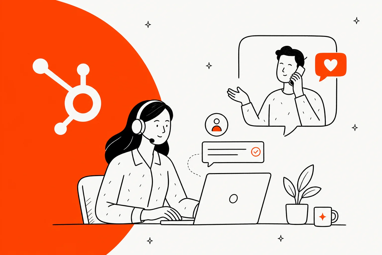 Illustration of a support agent working inside HubSpot customer service software