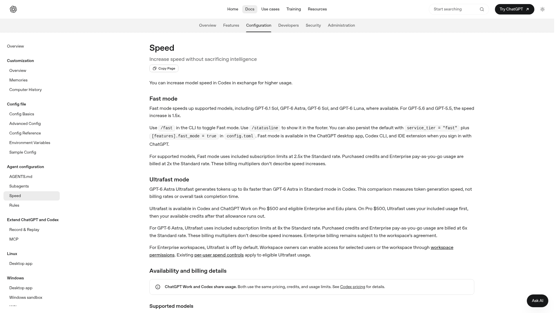 OpenAI Speed documentation explaining that Ultrafast generates tokens up to 8x faster than GPT-6 Astra in Standard mode, is available on Pro $500 and eligible Enterprise and Edu plans, and uses included subscription limits at 8x the Standard rate, as taken from OpenAI