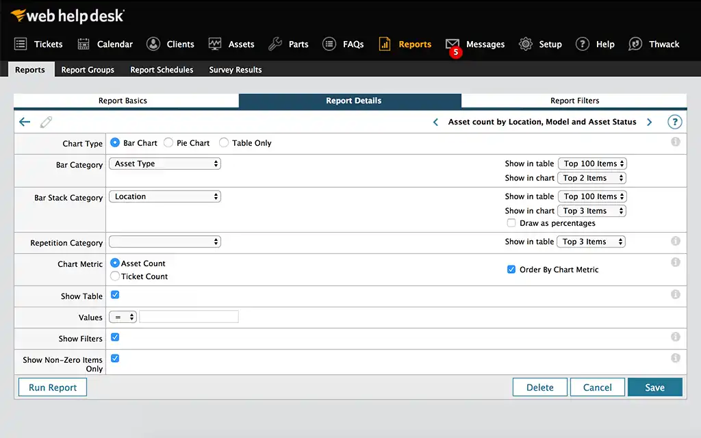 Web Help Desk report builder configuring asset count by location, model and status, as taken from SolarWinds