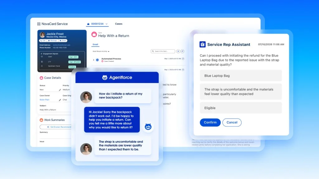 The Salesforce Service Cloud console with an Agentforce chat and Service Rep Assistant panel