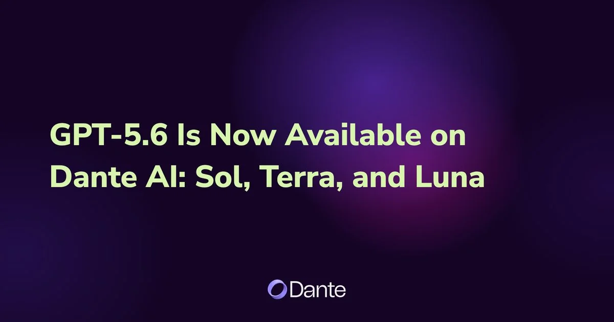 GPT-5.6 Is Now Available on Dante AI announcement card listing Sol, Terra and Luna, as taken from the Dante AI blog