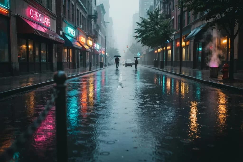 The same rain-soaked street with the taxi removed, including the reflections it cast on the wet asphalt, via Ideogram