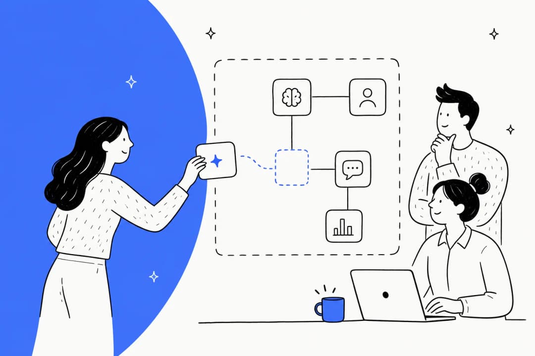 Illustration of a no-code AI agent builder canvas with workflow nodes