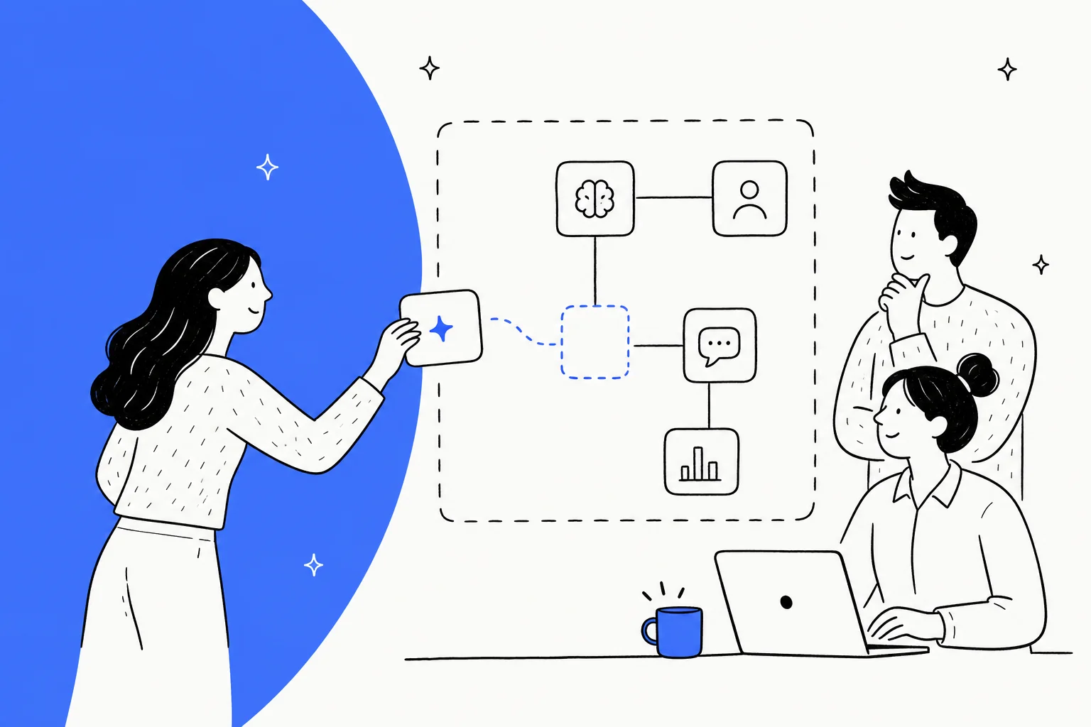 Illustration of a no-code AI agent builder canvas with workflow nodes