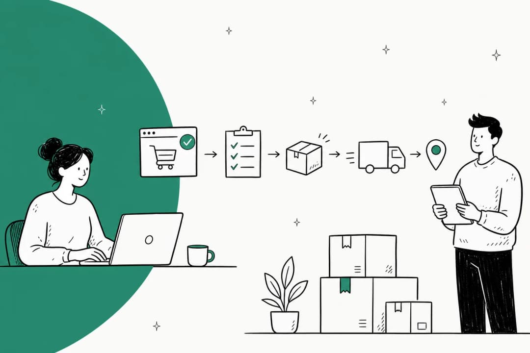 Illustrated banner showing an order moving through channels, an order management system, and fulfillment