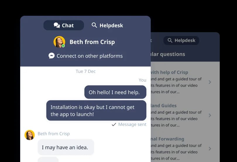 The Crisp chat widget showing a live conversation alongside its built-in helpdesk tab, as taken from Crisp