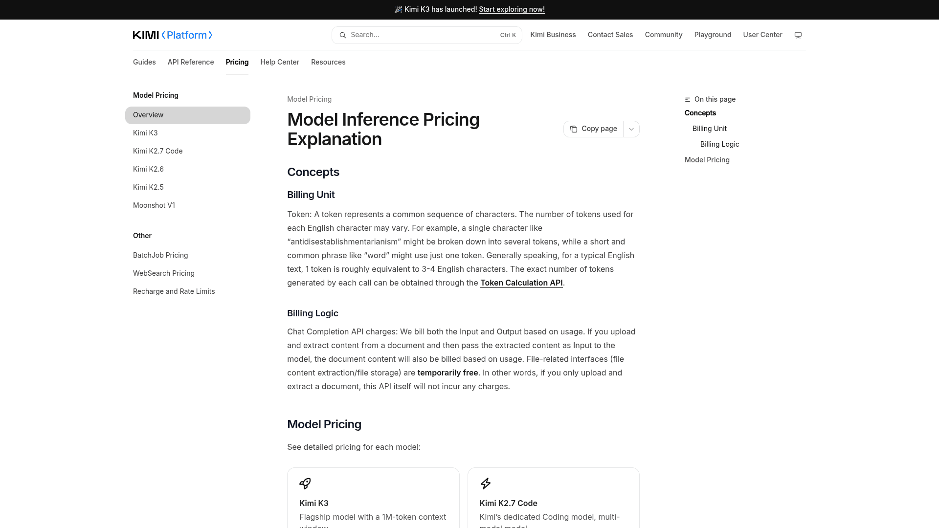 The Kimi Platform model inference pricing documentation showing the billing unit and billing logic for the Kimi K3 flagship model, as taken from Moonshot AI