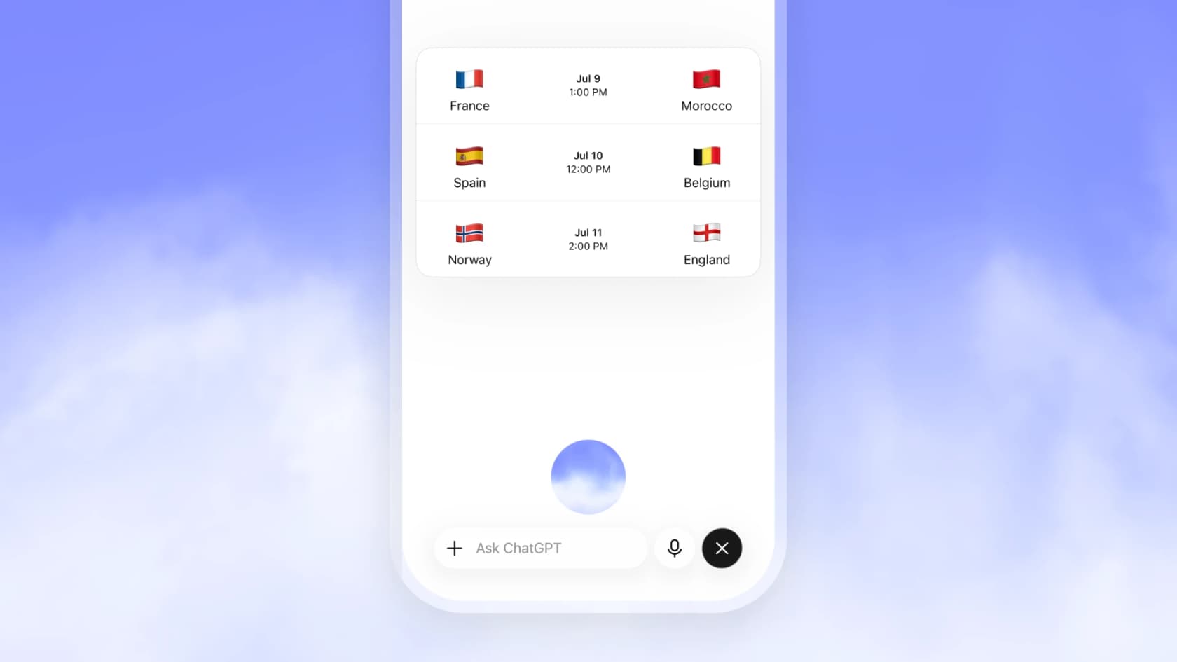 ChatGPT Voice showing upcoming international football matches, from OpenAI's GPT-Live launch materials