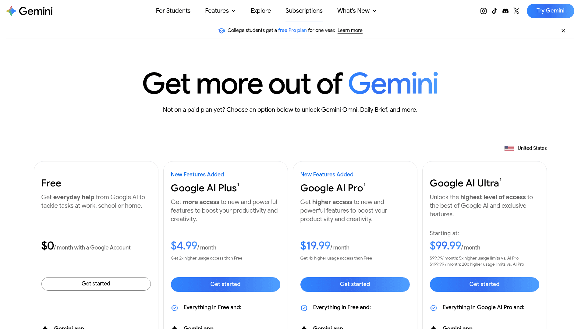 Google's Gemini subscriptions page headlined "Get more out of Gemini" showing Free at $0, Google AI Plus at $4.99, AI Pro at $19.99 and AI Ultra from $99.99, as captured from gemini.google