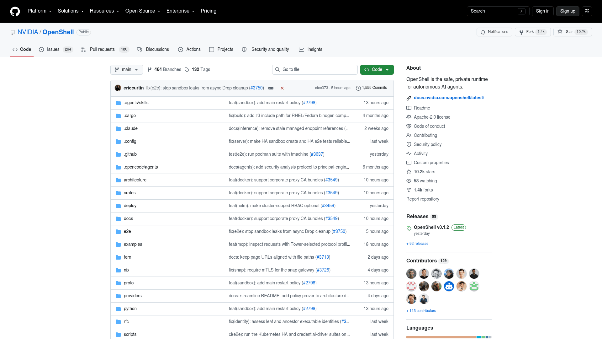 The NVIDIA OpenShell repository on GitHub showing 10.2k stars, 1.4k forks and v0.1.2 as the latest release, as taken from GitHub