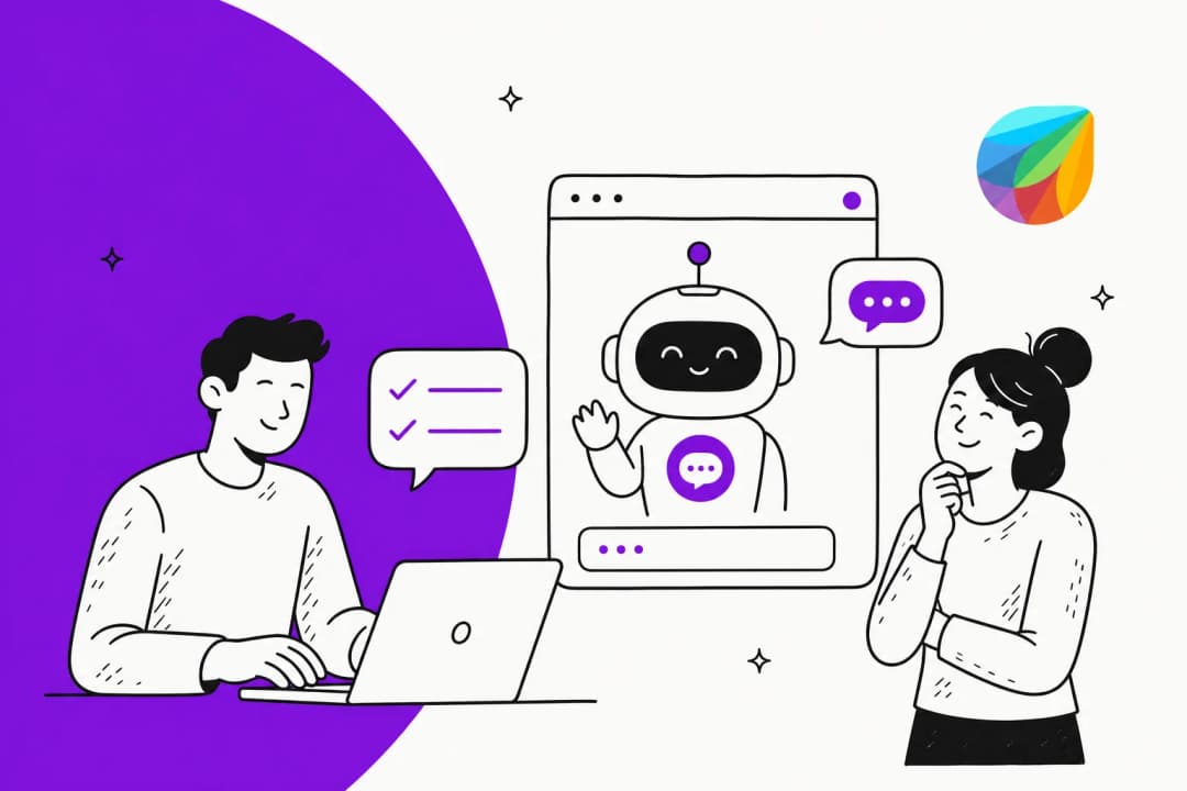 Illustration of a customer and an agent chatting with an AI chatbot inside Freshchat