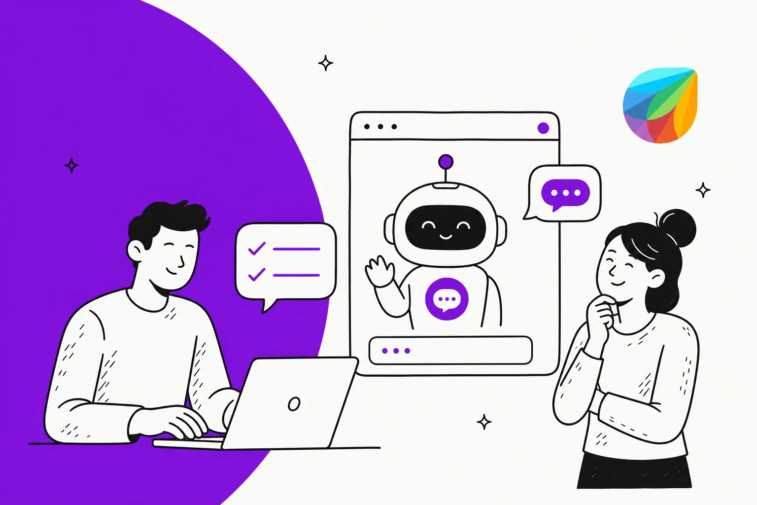 Illustration of a customer and an agent chatting with an AI chatbot inside Freshchat