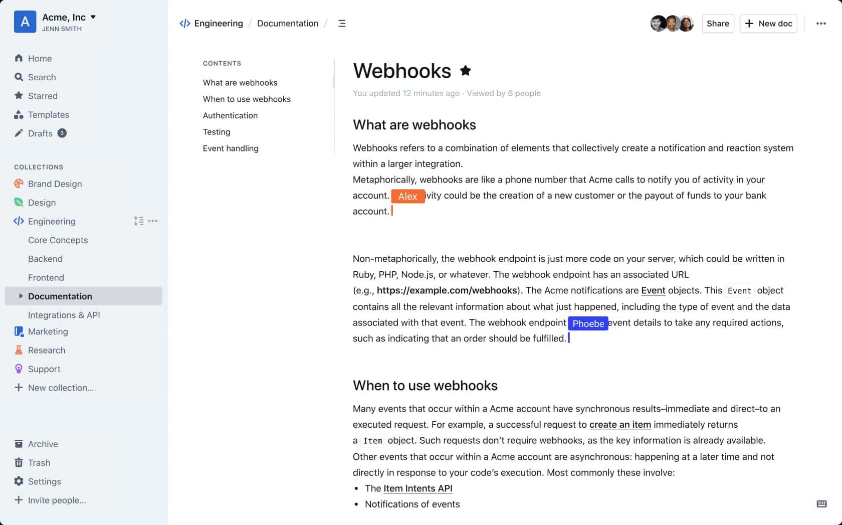Outline document view for an Acme engineering webhooks page, with collections in the left rail and a contents panel, as taken from Outline
