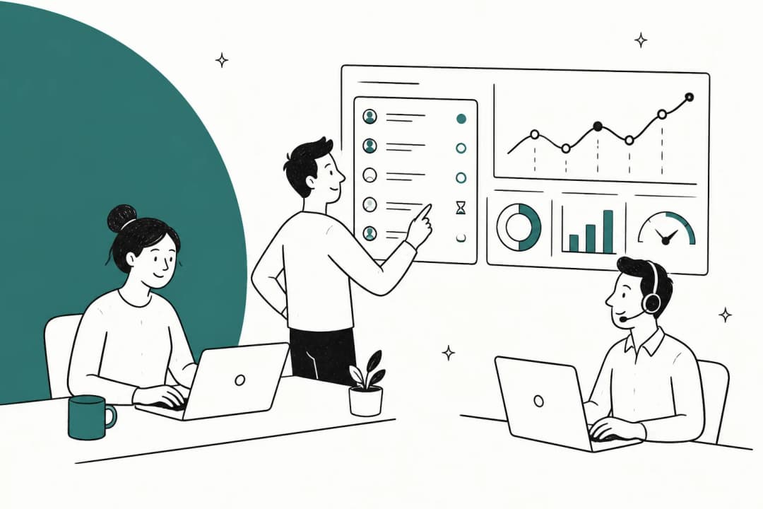 Illustration of a support team watching a ticket queue and a metrics dashboard, in teal tones