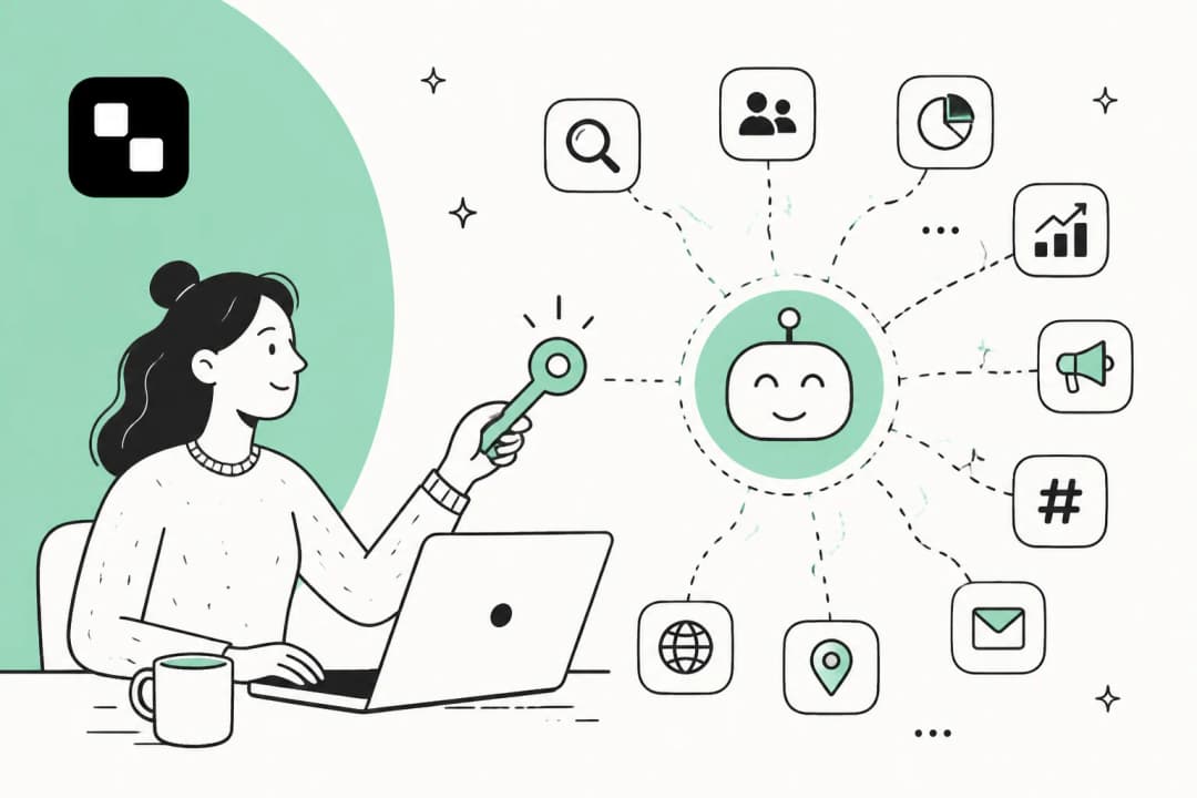 A hand-drawn illustration of a person holding up a single key toward a smiling robot that connects to a ring of tool icons for search, social, analytics, ads and email