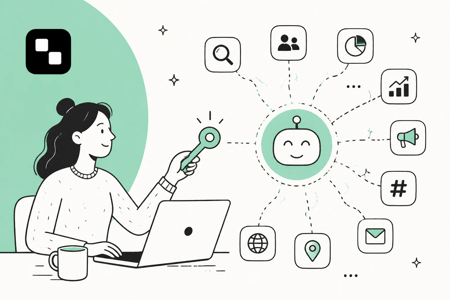 A hand-drawn illustration of a person holding up a single key toward a smiling robot that connects to a ring of tool icons for search, social, analytics, ads and email