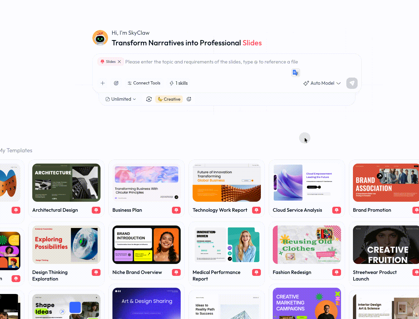 The Skywork Slides agent: describe a topic and it drafts a deck, with a template gallery and a Creative mode, as taken from Skywork