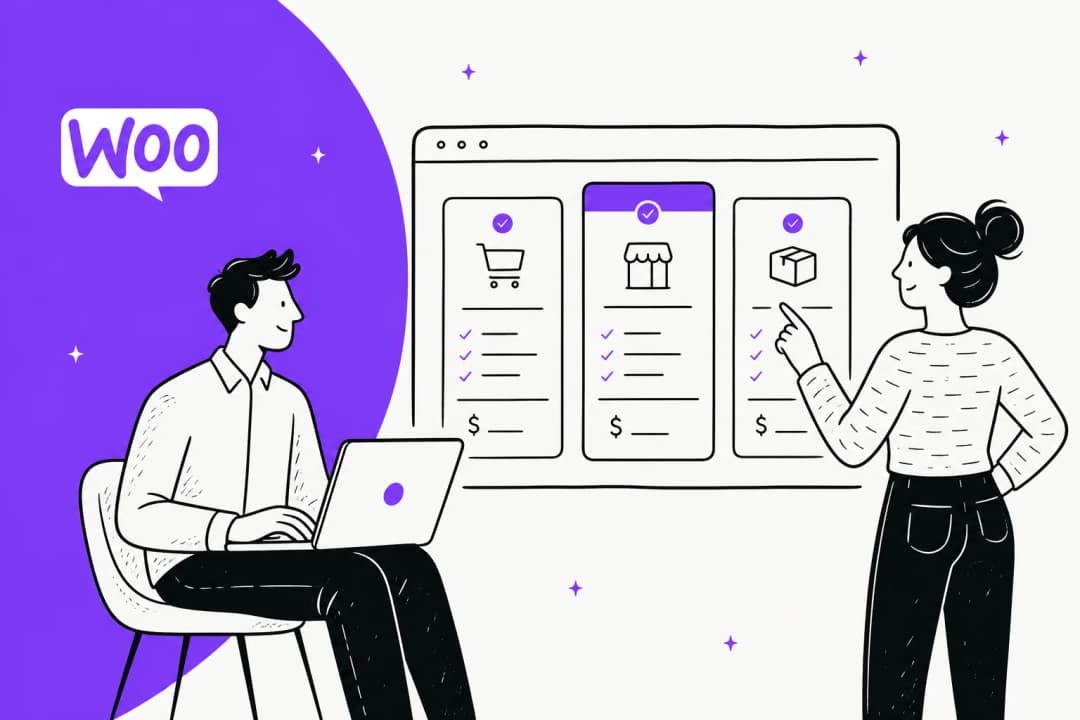 Illustration of two people comparing WooCommerce pricing plans on screen