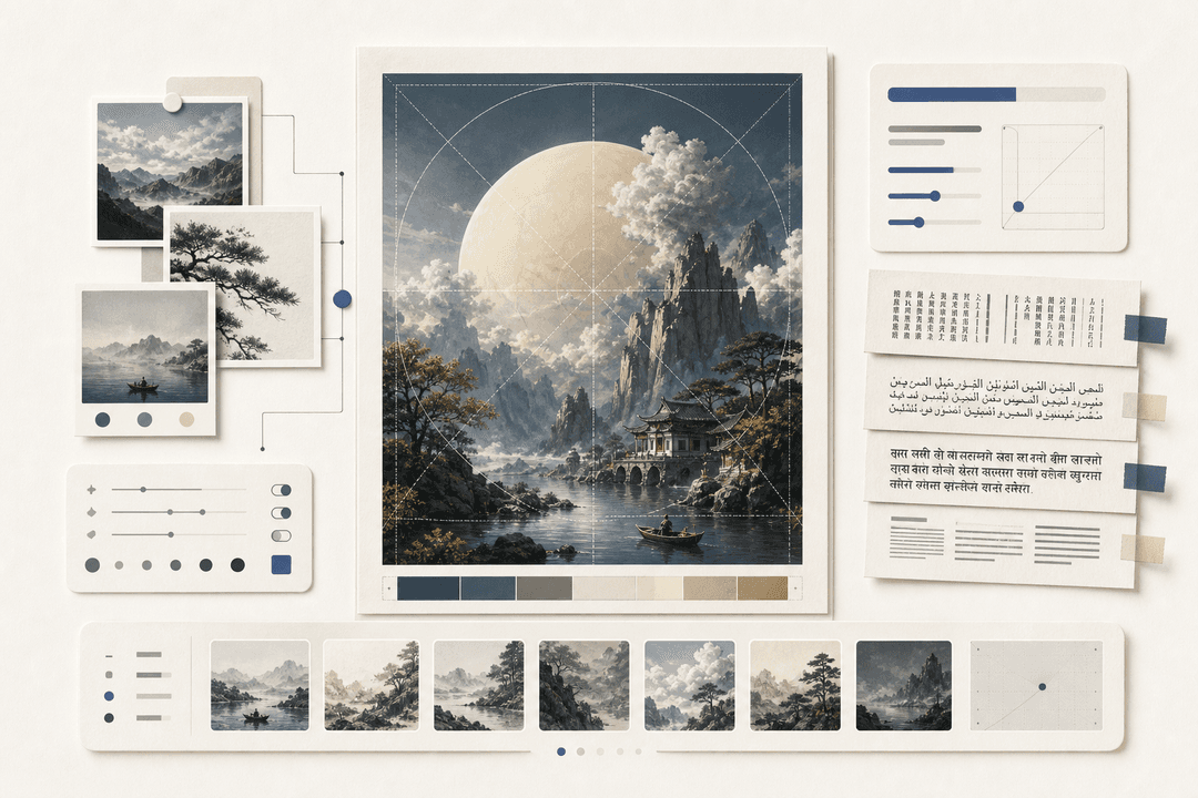 Abstract editorial illustration of a precise image-generation workspace