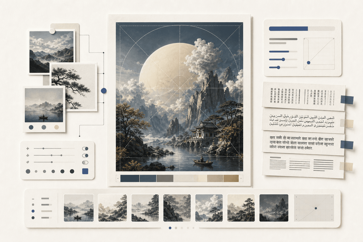Abstract editorial illustration of a precise image-generation workspace
