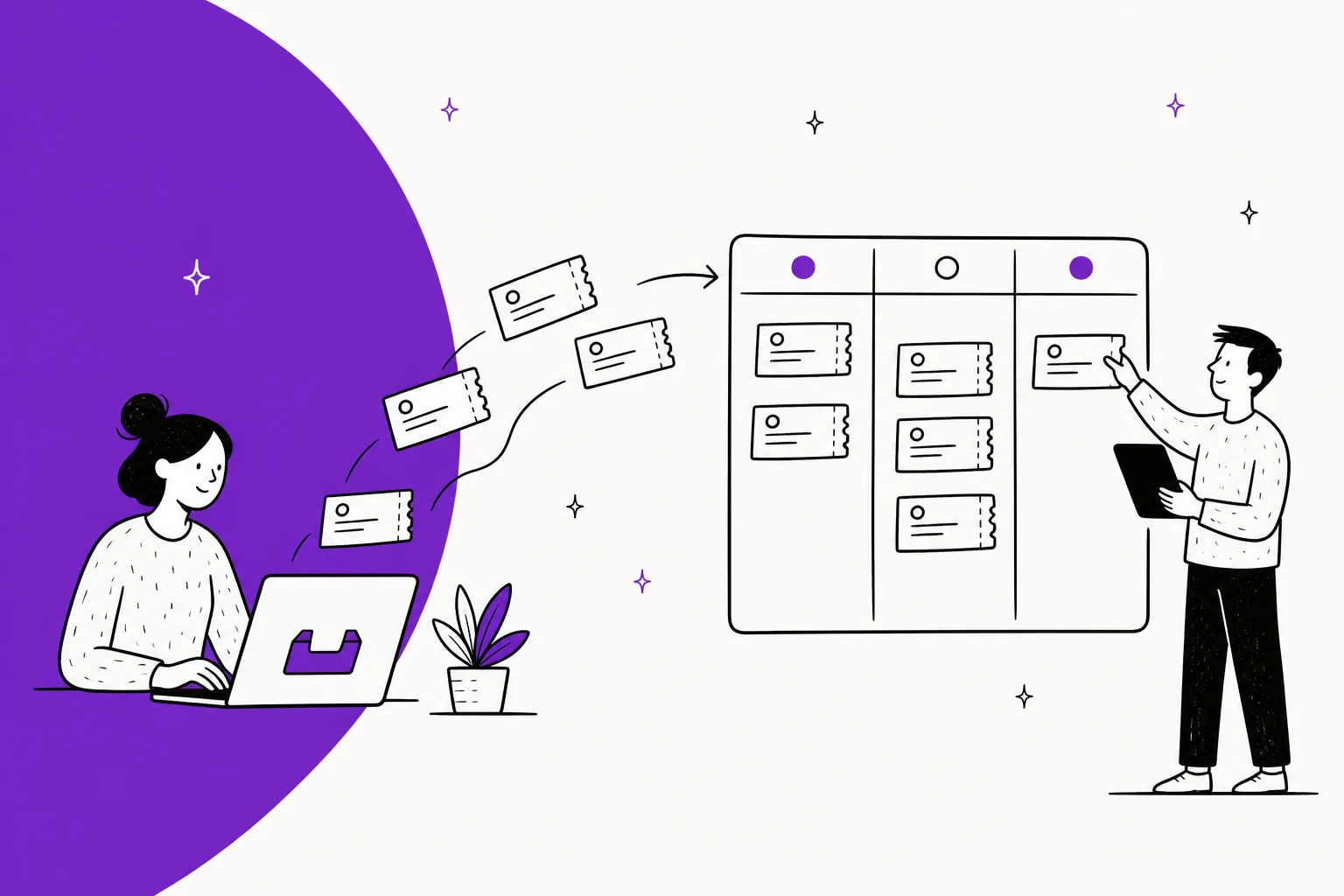 Illustration of support requests flowing from a messy inbox into an organised ticket queue with status labels
