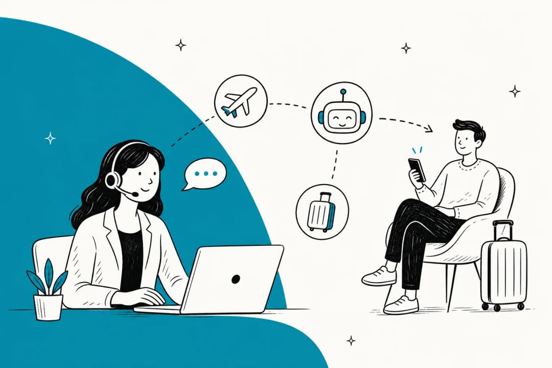 Illustration of a travel customer support automation workflow in teal on an off-white background