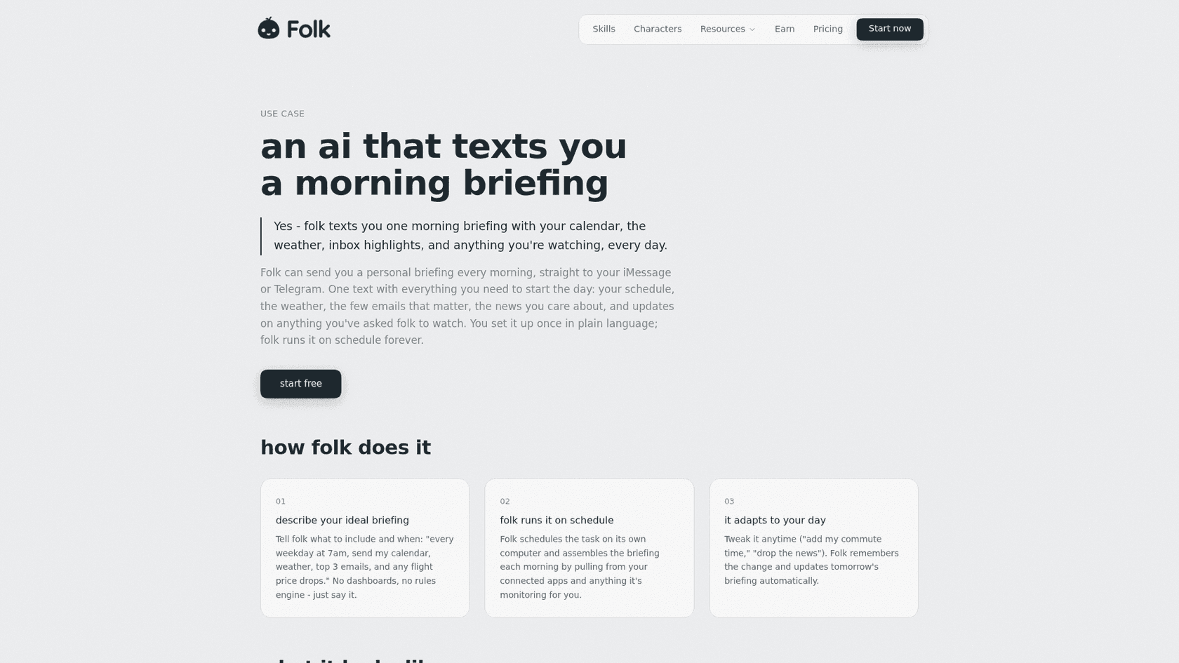 folk's morning briefing page headlined "an ai that texts you a morning briefing," with three steps for describing, scheduling and adapting the briefing, as captured from folk.com